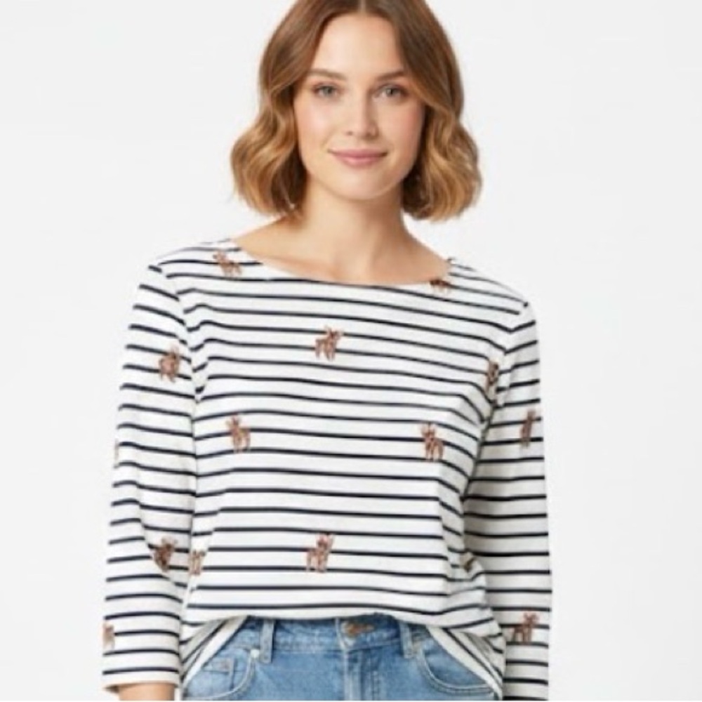 Joules Harbour Striped Top French Bulldog Print 3/4 Sleeve Ladies Size 14